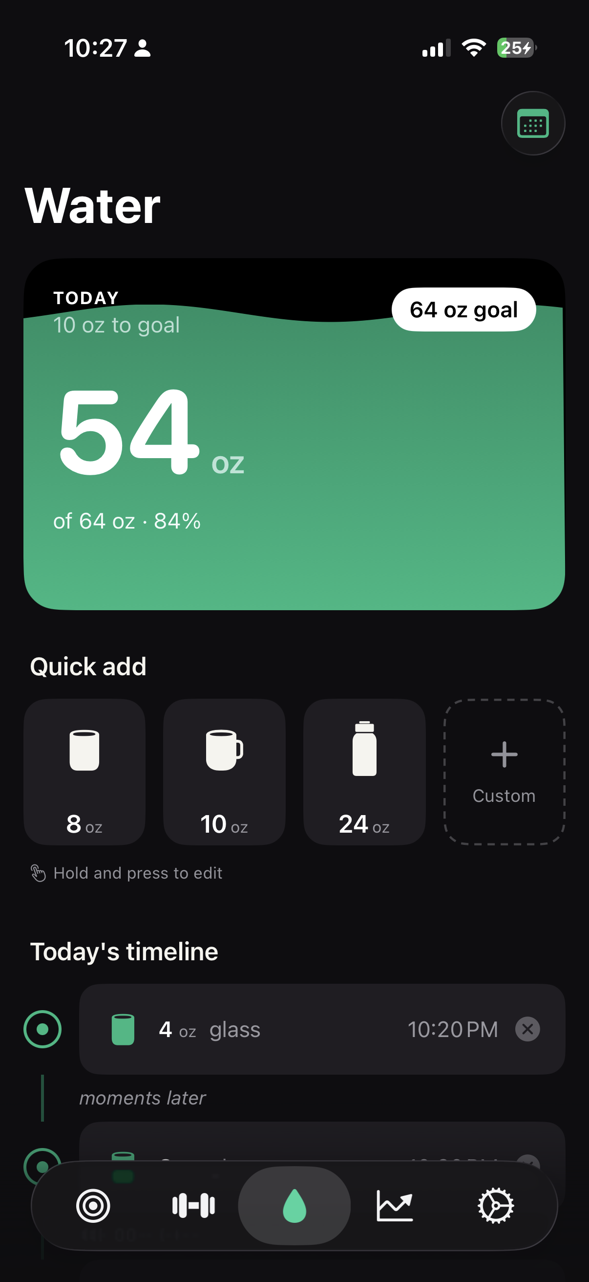 BuiltDaily Water screen with quick-add buttons and hydration timeline