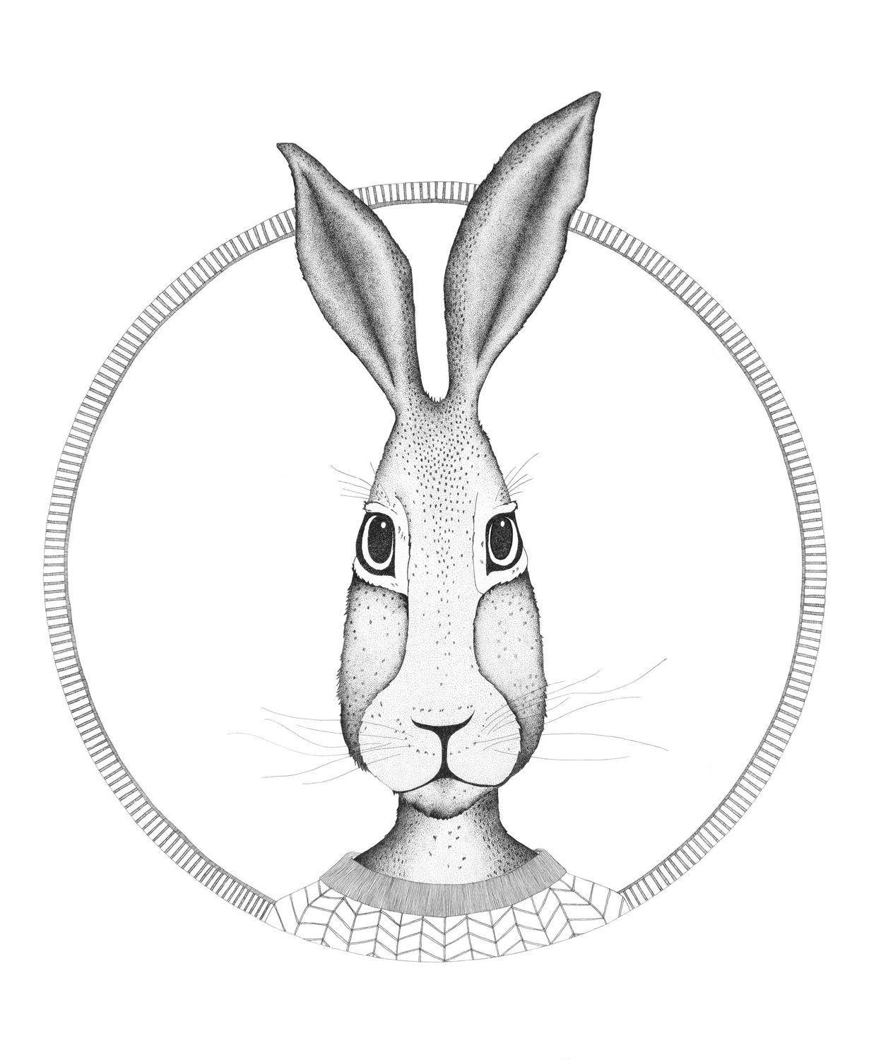 A hare drawn face-on in fine stipple, framed inside a hand-drawn circle