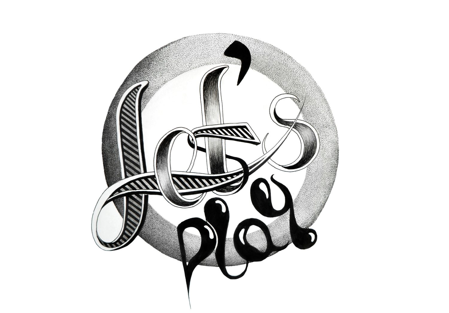 'Let's Play' drawn as interlocking script lettering inside a stippled circle