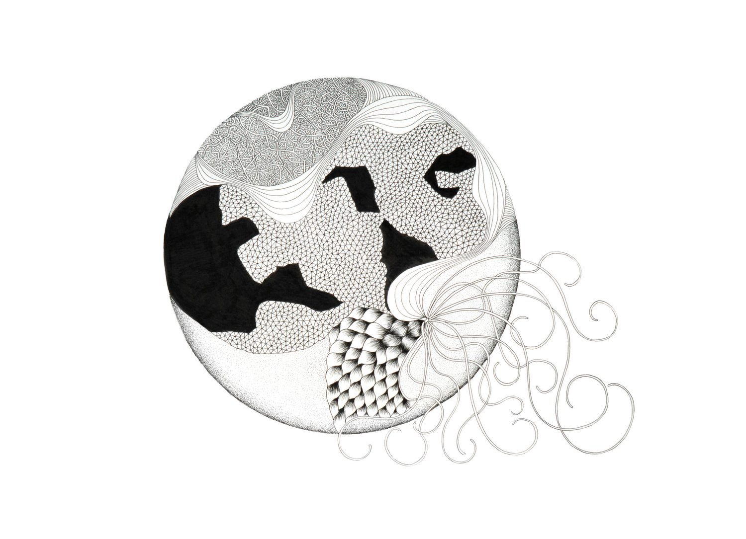Stippled circle with black organic fields unwinding into a fine drawn scroll