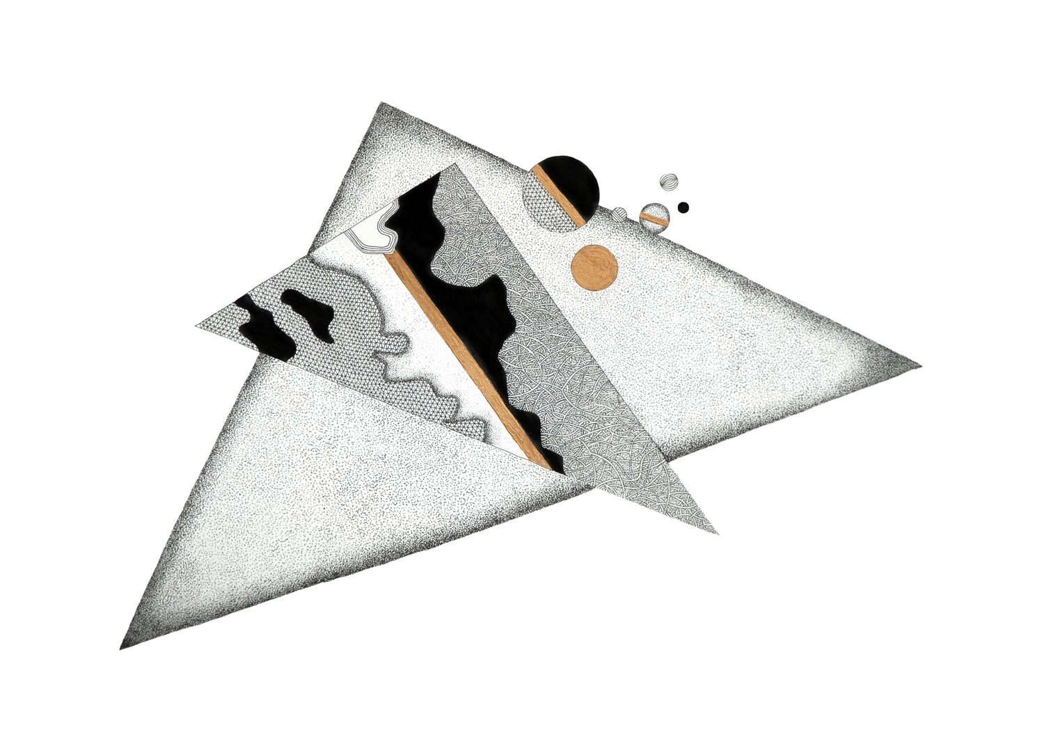 Two overlapping triangles in graded stipple, with black and copper fields breaking across the edges