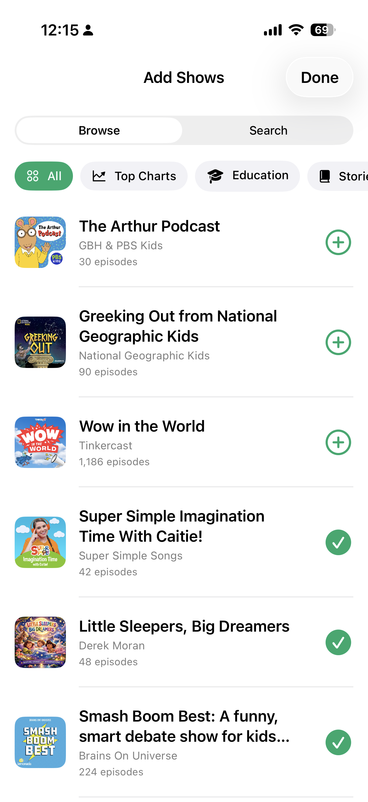 PodFocus Add Shows screen — curated kid-safe catalog with category chips and one-tap add buttons