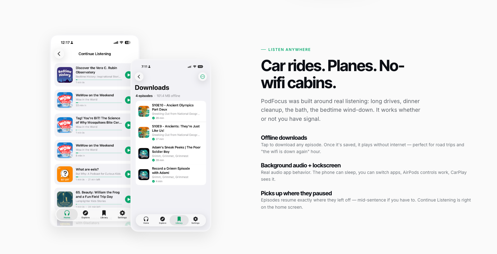 PodFocus marketing site — 'Car rides. Planes. No-wifi cabins.' offline section with Continue Listening and Downloads screens
