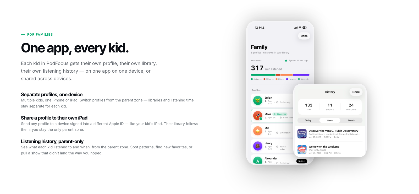 PodFocus marketing site — 'One app, every kid.' families section with the Family dashboard and parent-only history