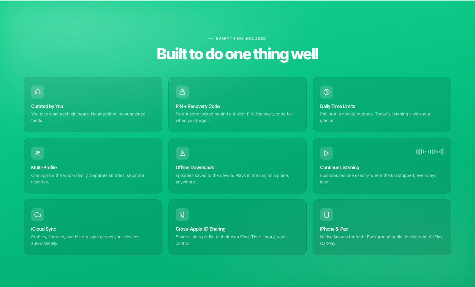 PodFocus marketing site — 'Built to do one thing well' emerald feature grid with nine cards