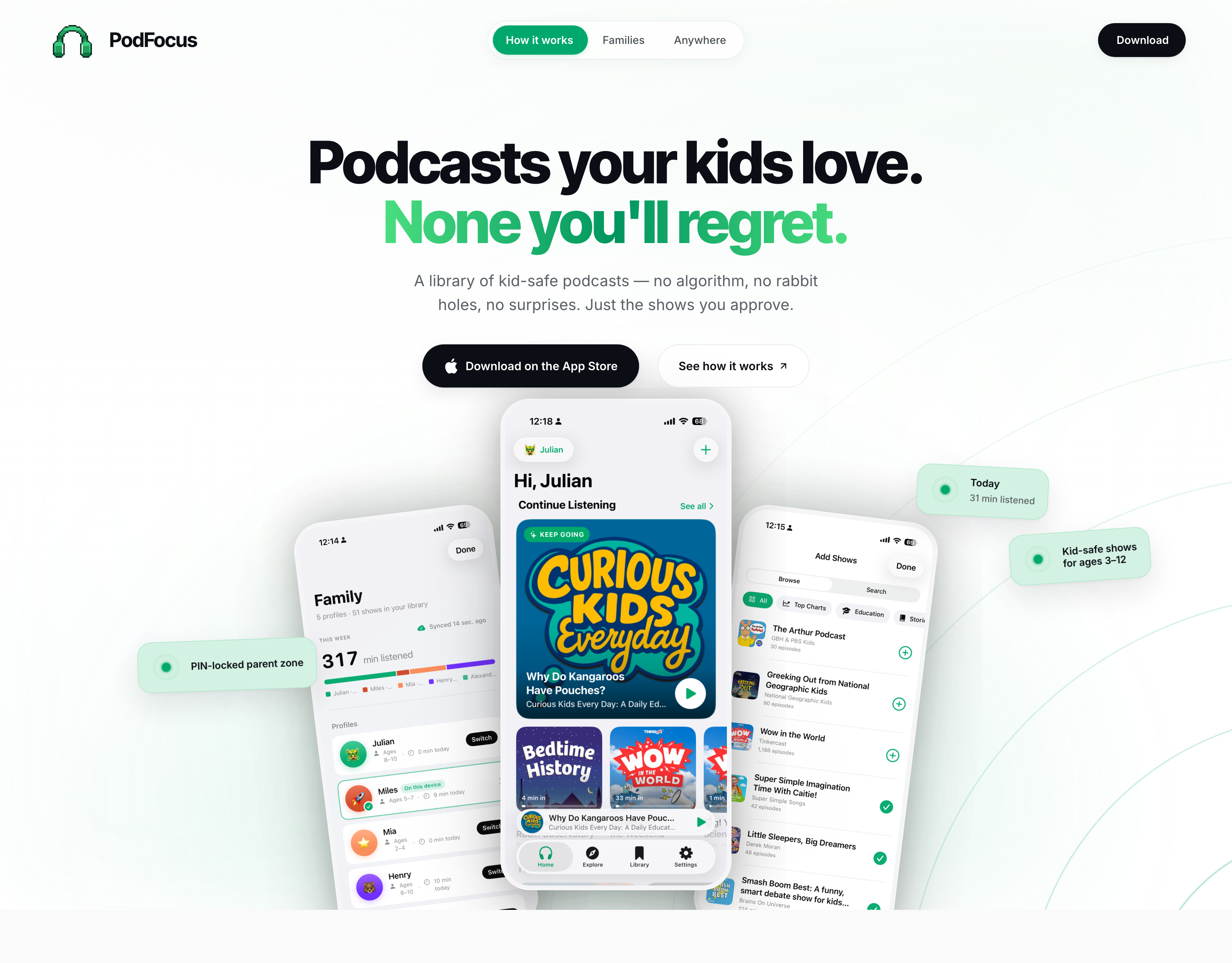 PodFocus marketing site hero — 'Podcasts your kids love. None you'll regret.' headline with a fanned phone trio showing the kid home, family profiles, and Add Shows screens