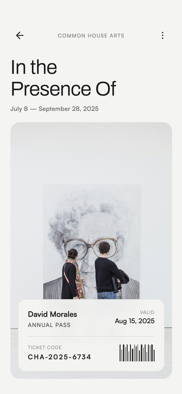 Common House Arts — 'In the Presence Of' annual-pass screen with figure-with-glasses artwork