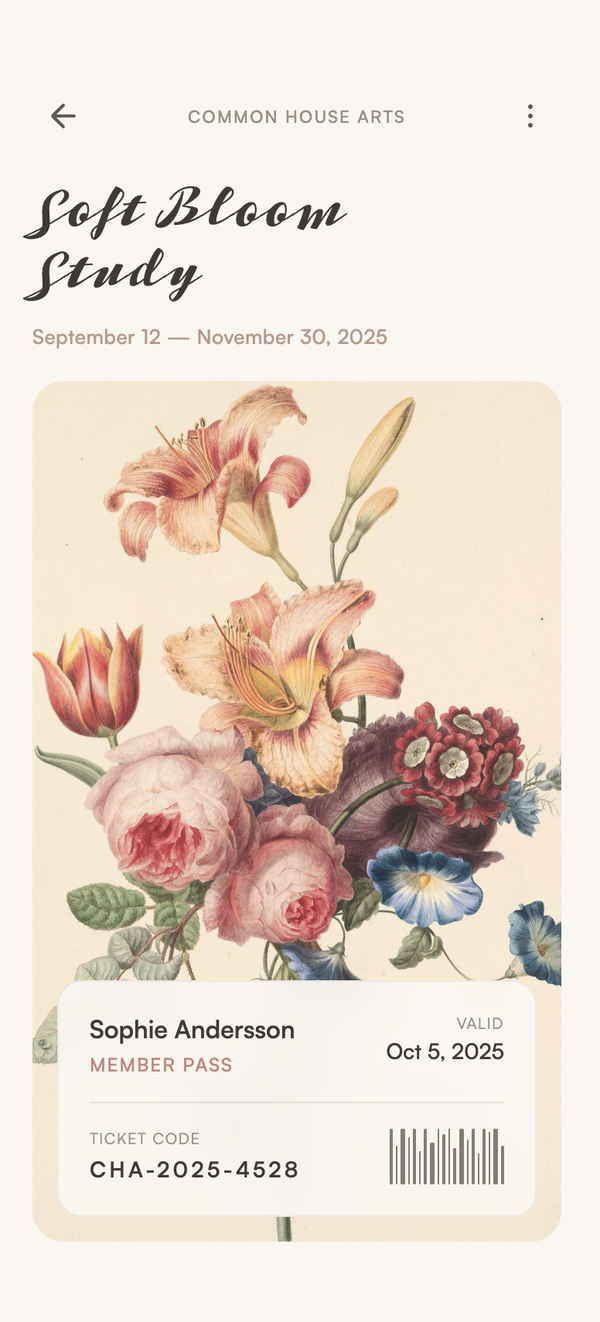 Common House Arts — 'Soft Bloom Study' member-pass screen with botanical illustration