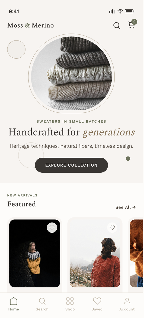 Moss & Merino — handcrafted-sweater mobile shop with 'Sweaters in Small Batches' hero