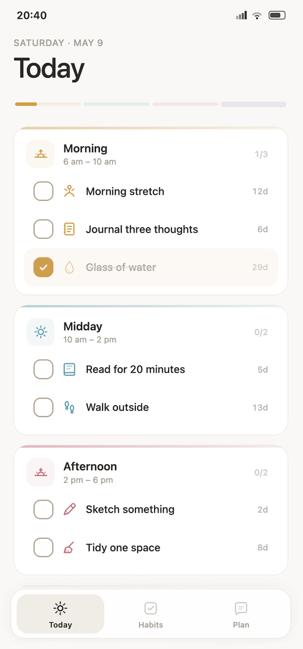 Habit app — Today screen with morning, midday, afternoon time blocks