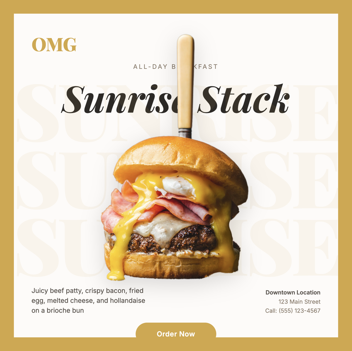 OMG — 'Sunrise Stack' all-day breakfast burger square poster, ochre border