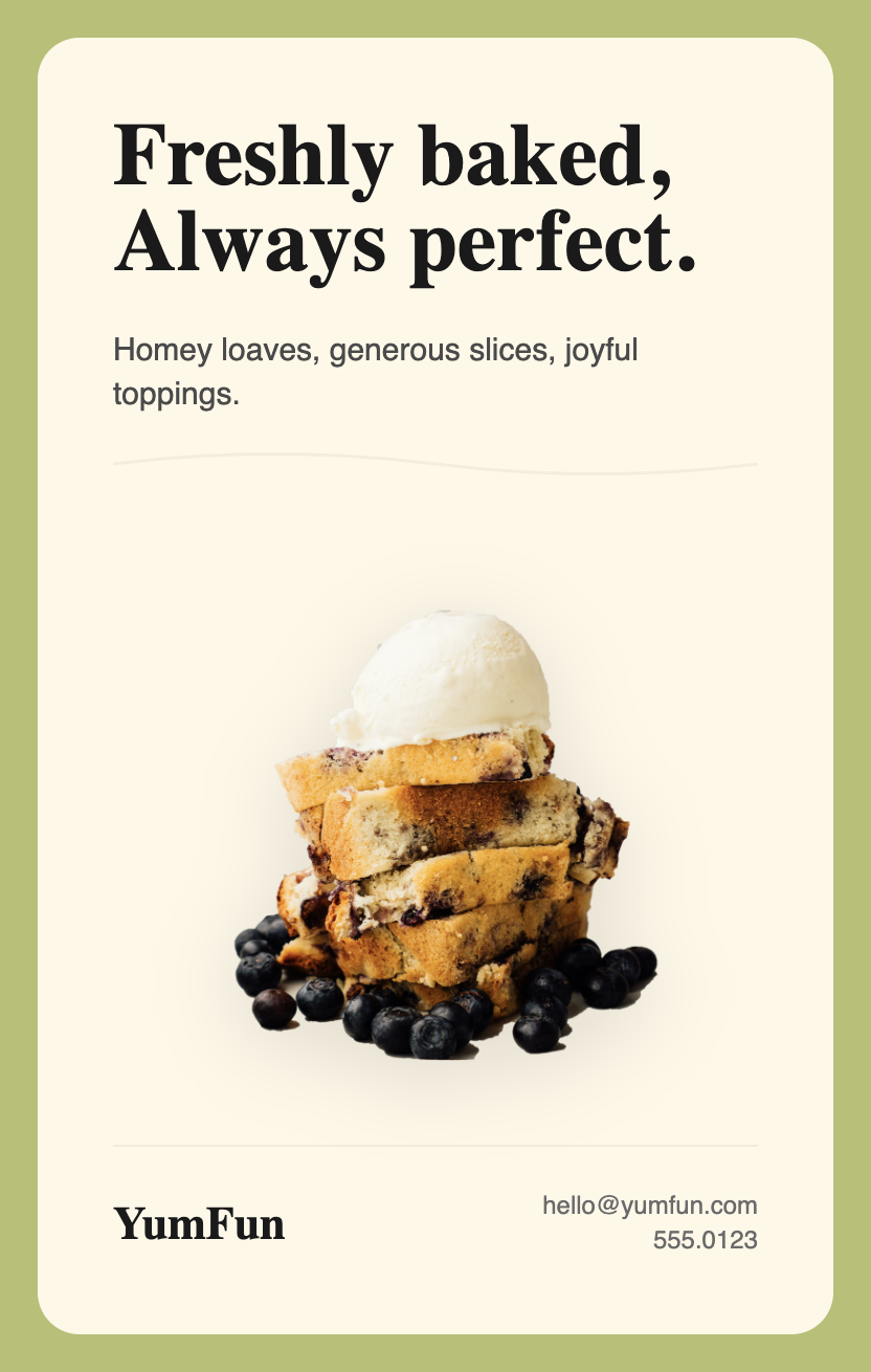 YumFun — 'Freshly baked, Always perfect' loaves poster, sage green frame around cream interior