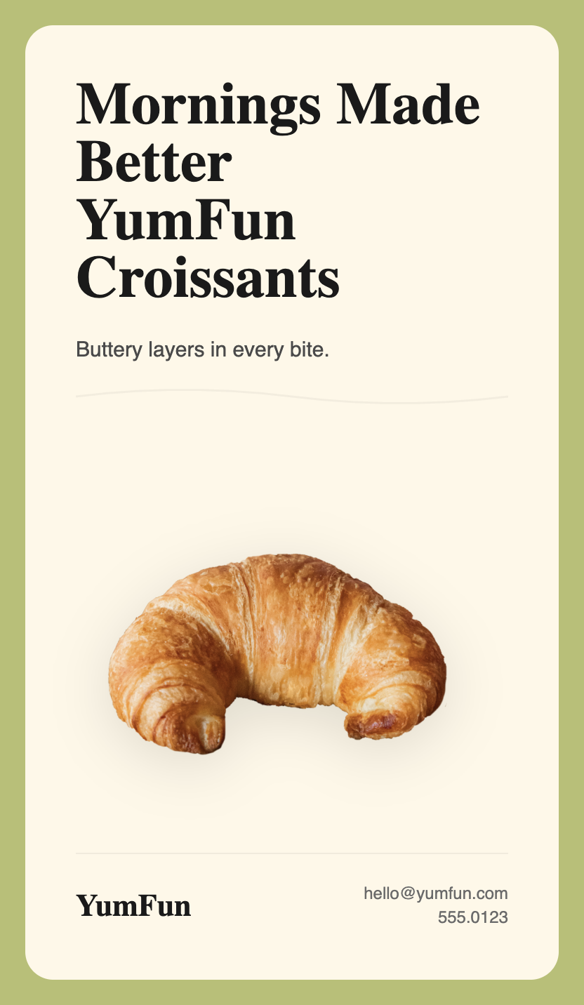 YumFun — 'Mornings Made Better' croissant poster, sage green frame around cream interior