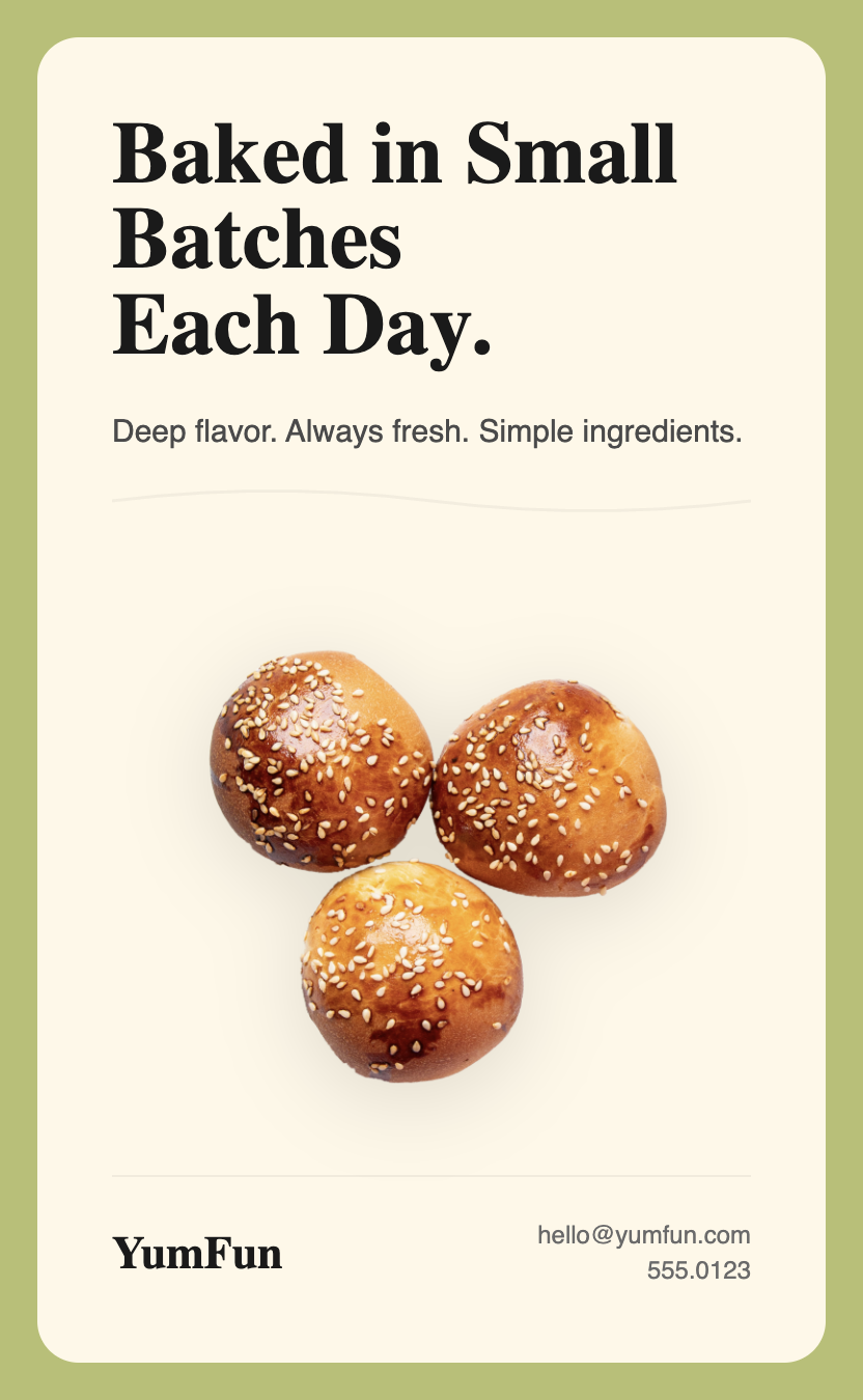 YumFun — 'Baked in Small Batches Each Day' pretzels poster, sage green frame around cream interior