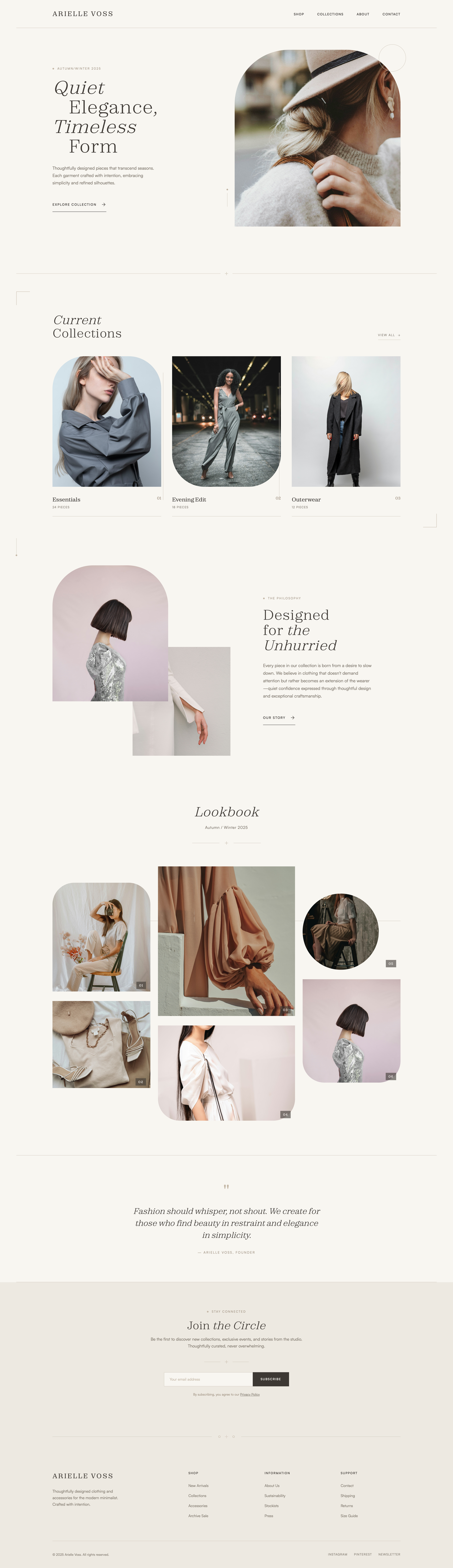 Arielle Voss — clothing & accessories editorial site, 'Quiet Elegance, Timeless Form'