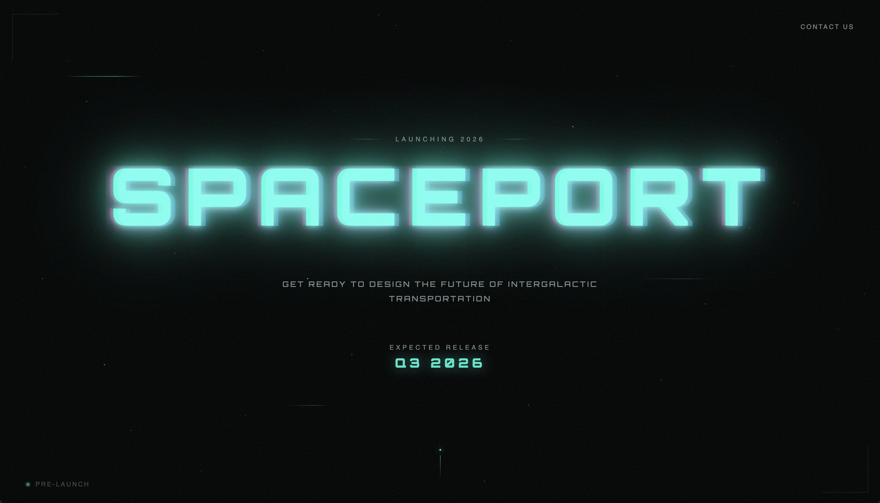 Spaceport — pre-launch hero with neon SPACEPORT wordmark, 'Launching 2026', Q3 release tag, on a dark constellation field