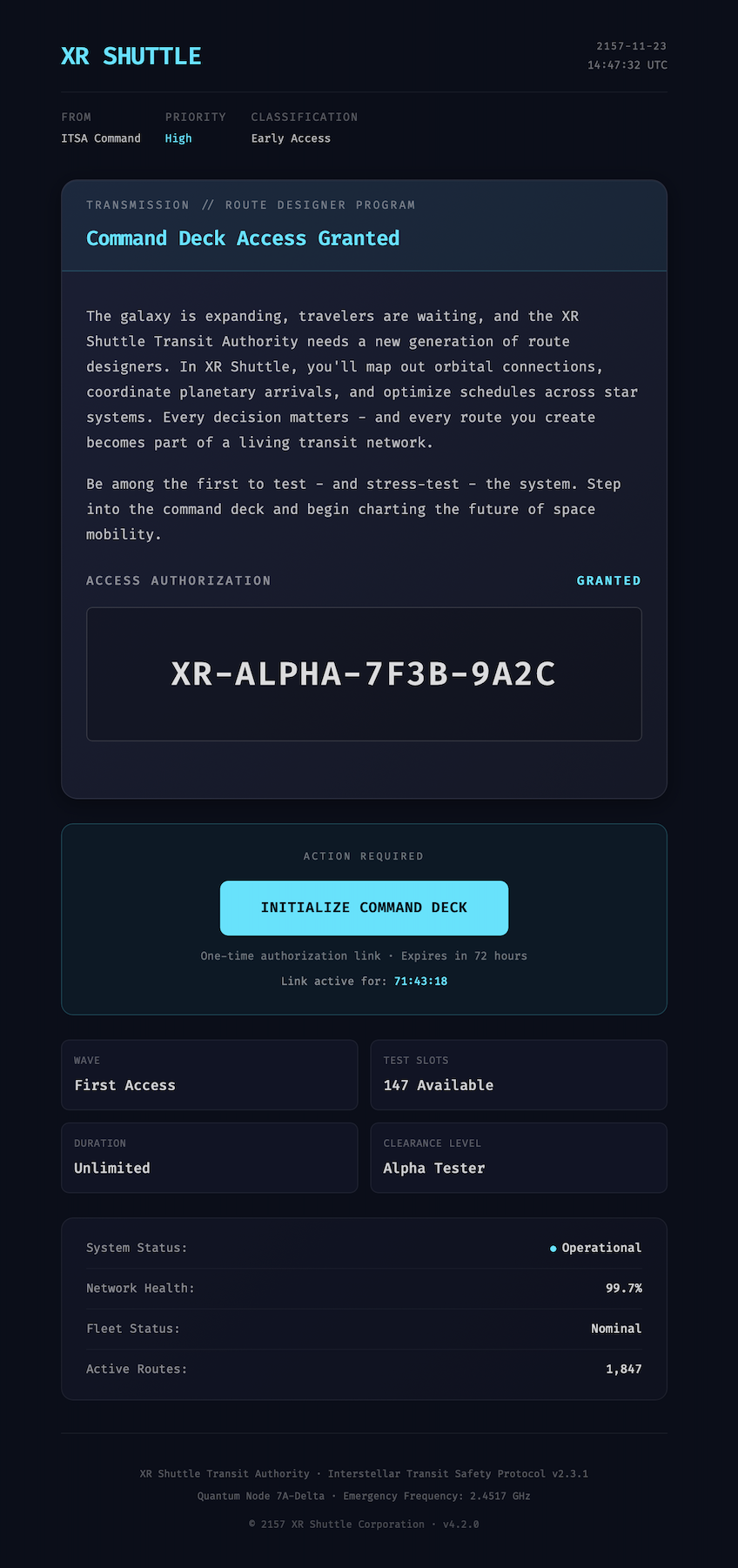XR Shuttle — 'Command Deck Access Granted' transmission with quantum authorization key