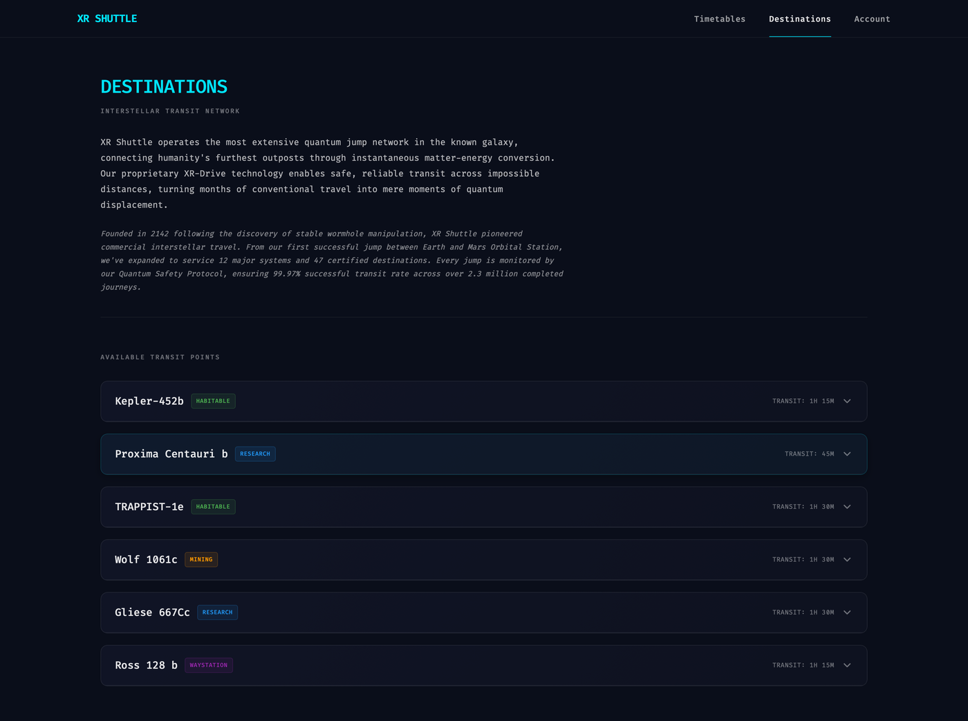 XR Shuttle — destinations list for the interstellar transit network with habitat tags