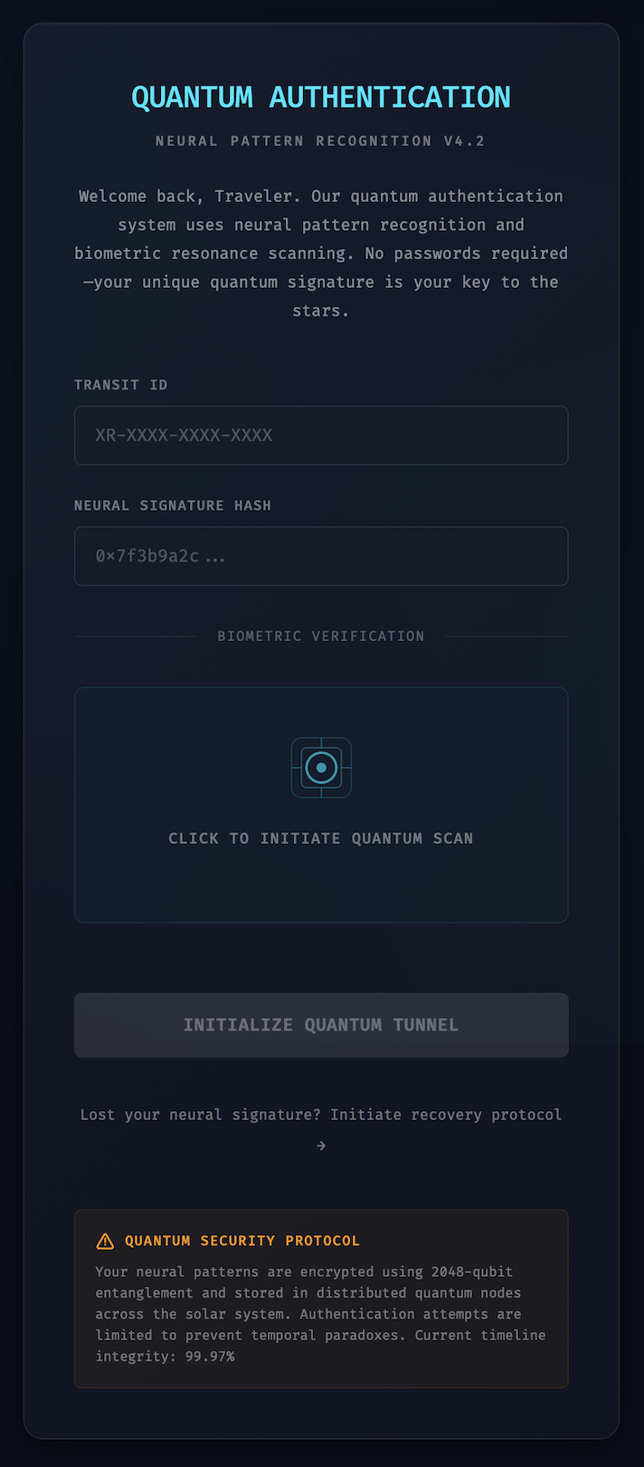 XR Shuttle — Quantum Authentication screen with neural pattern recognition and biometric scan