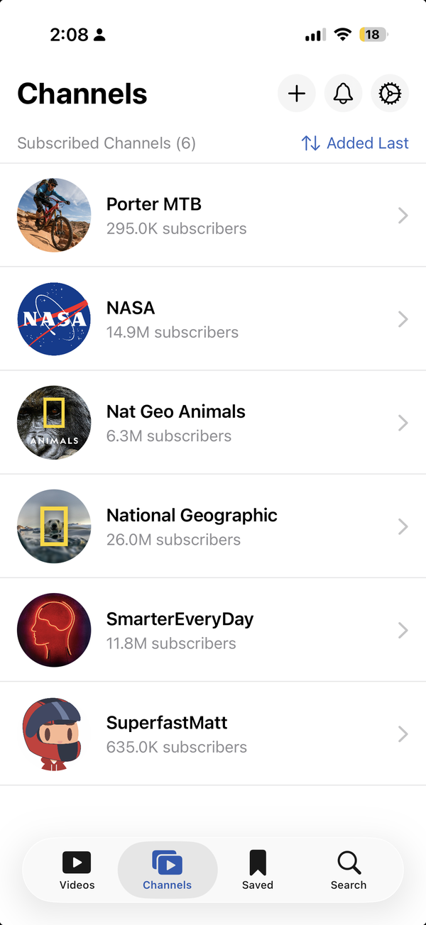 VideoFocus Channels tab — subscribed channels list sorted by added-last