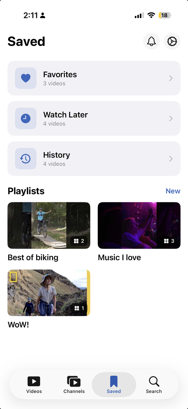 VideoFocus Saved tab — Favorites, Watch Later, History buckets and a Playlists grid