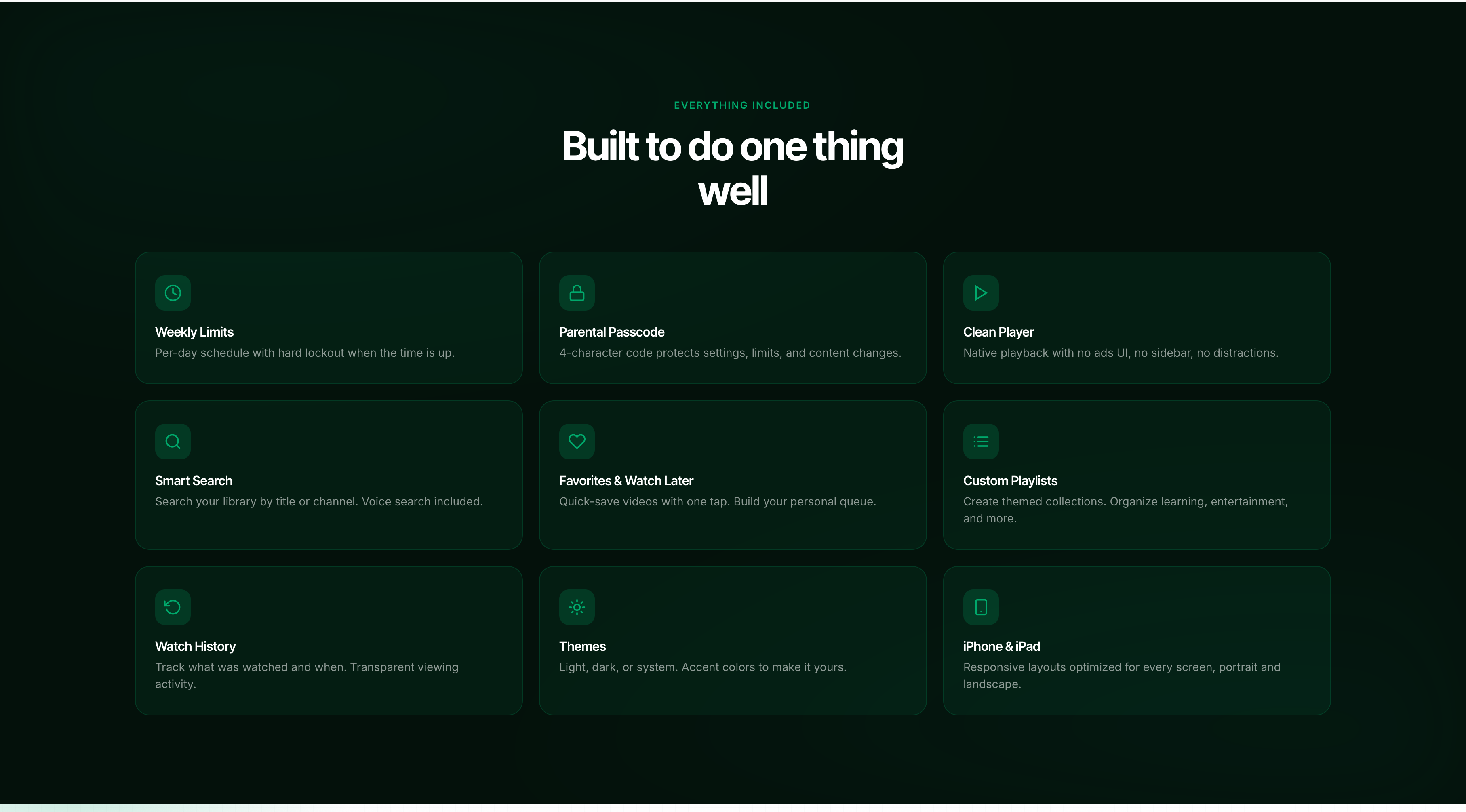 VideoFocus marketing site — dark 'Built to do one thing well' feature grid with nine cards: Weekly Limits, Parental Passcode, Clean Player, Smart Search, Favorites & Watch Later, Custom Playlists, Watch History, Themes, iPhone & iPad