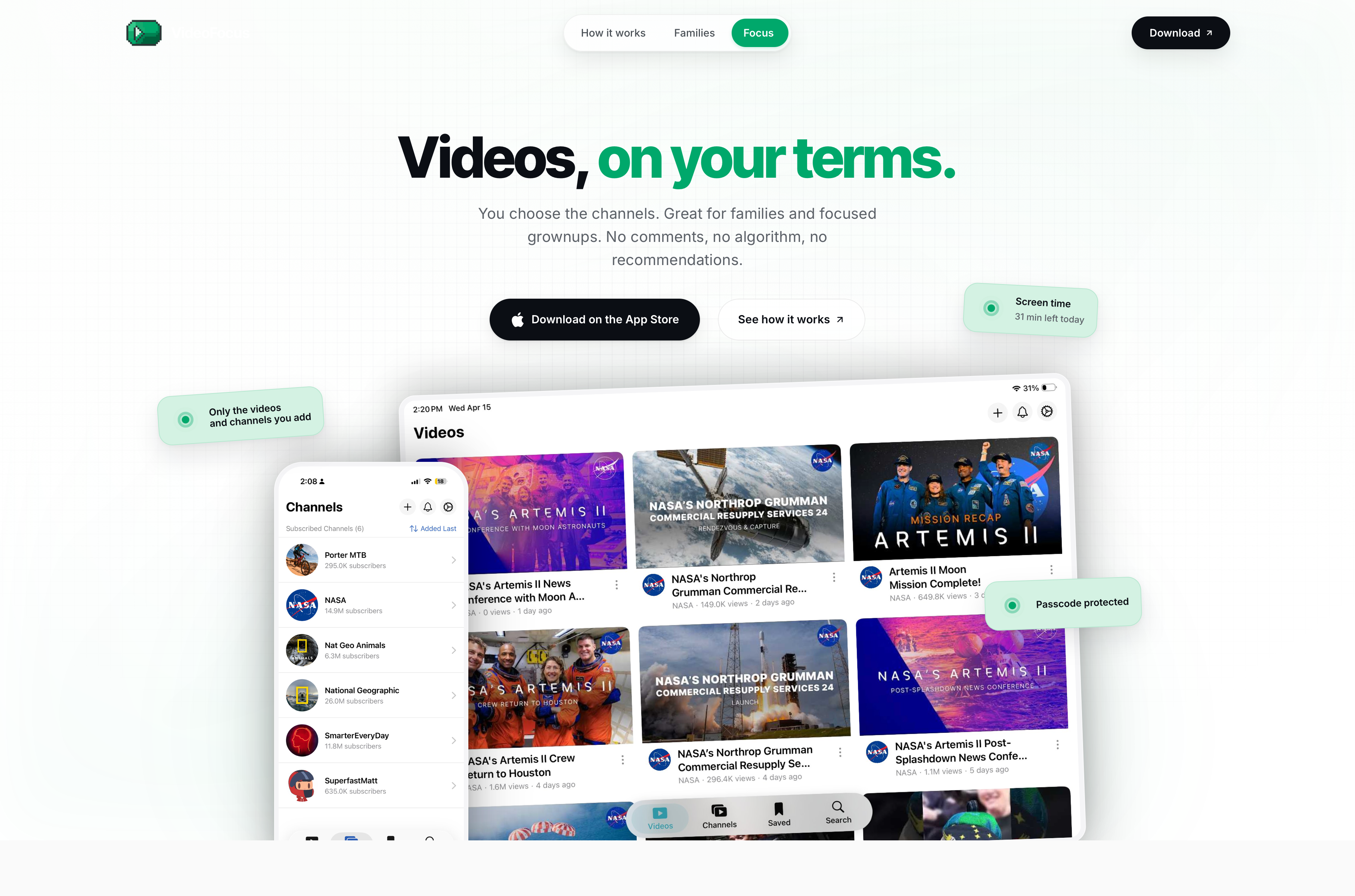 VideoFocus marketing site hero — 'Videos, on your terms.' headline with iPad and iPhone mockups