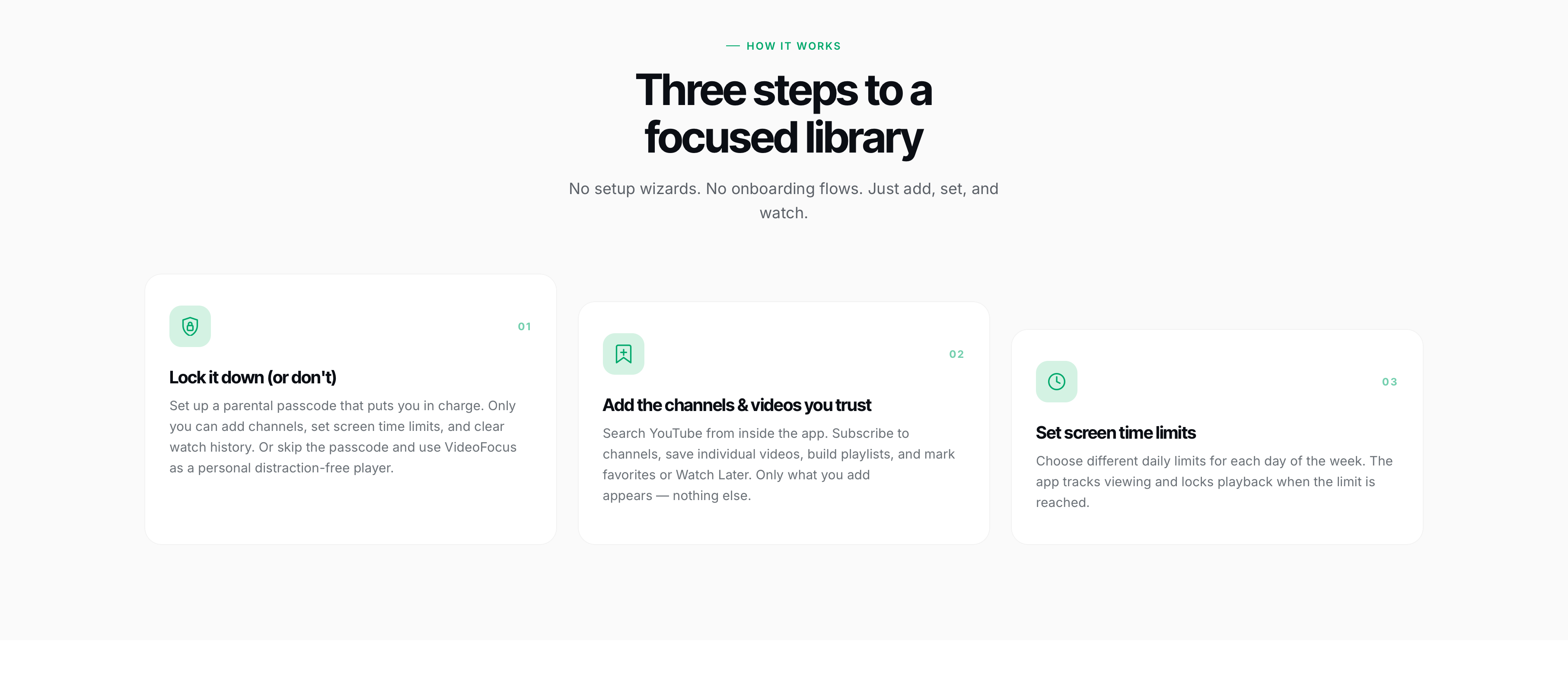 VideoFocus marketing site — Three-steps section with cards: lock it down, add channels & videos, set screen time limits